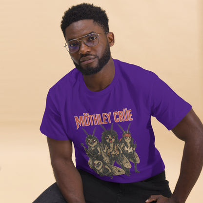 man wearing purple Unisex Mothley Crüe t-shirt with chaotic rock parody design, front view