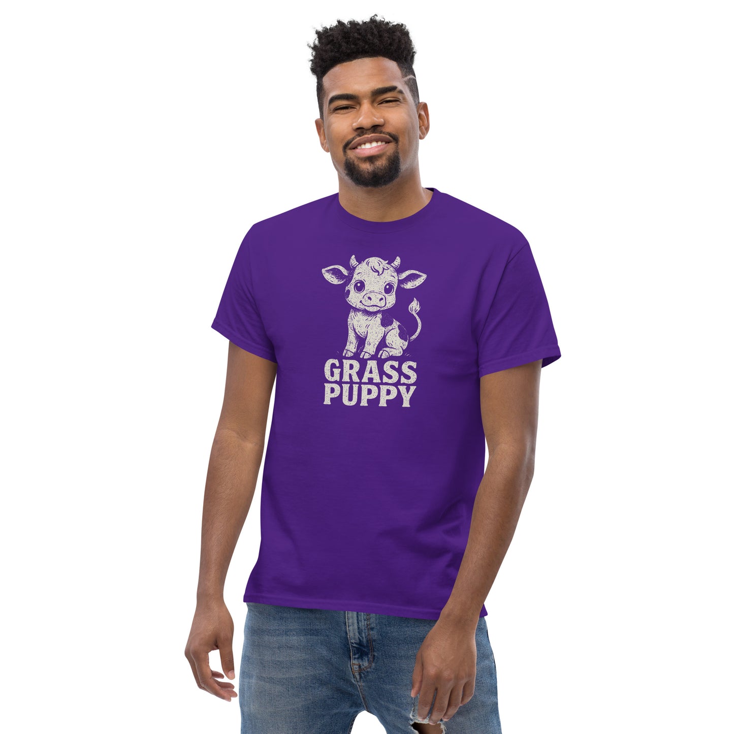 Man wearing a purple t-shirt with a graphic and text on a white background
