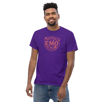 Man wearing a purple t-shirt with 'Original Emo' design on a white background