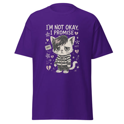 Purple t-shirt with a graphic of a cat and text 'I'm not okay, I promise' on a white background