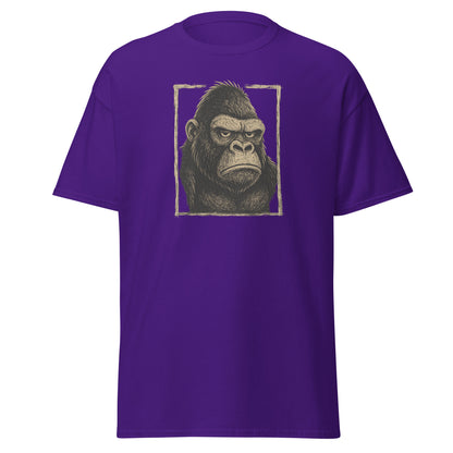 Purple t-shirt with a gorilla graphic on a white background