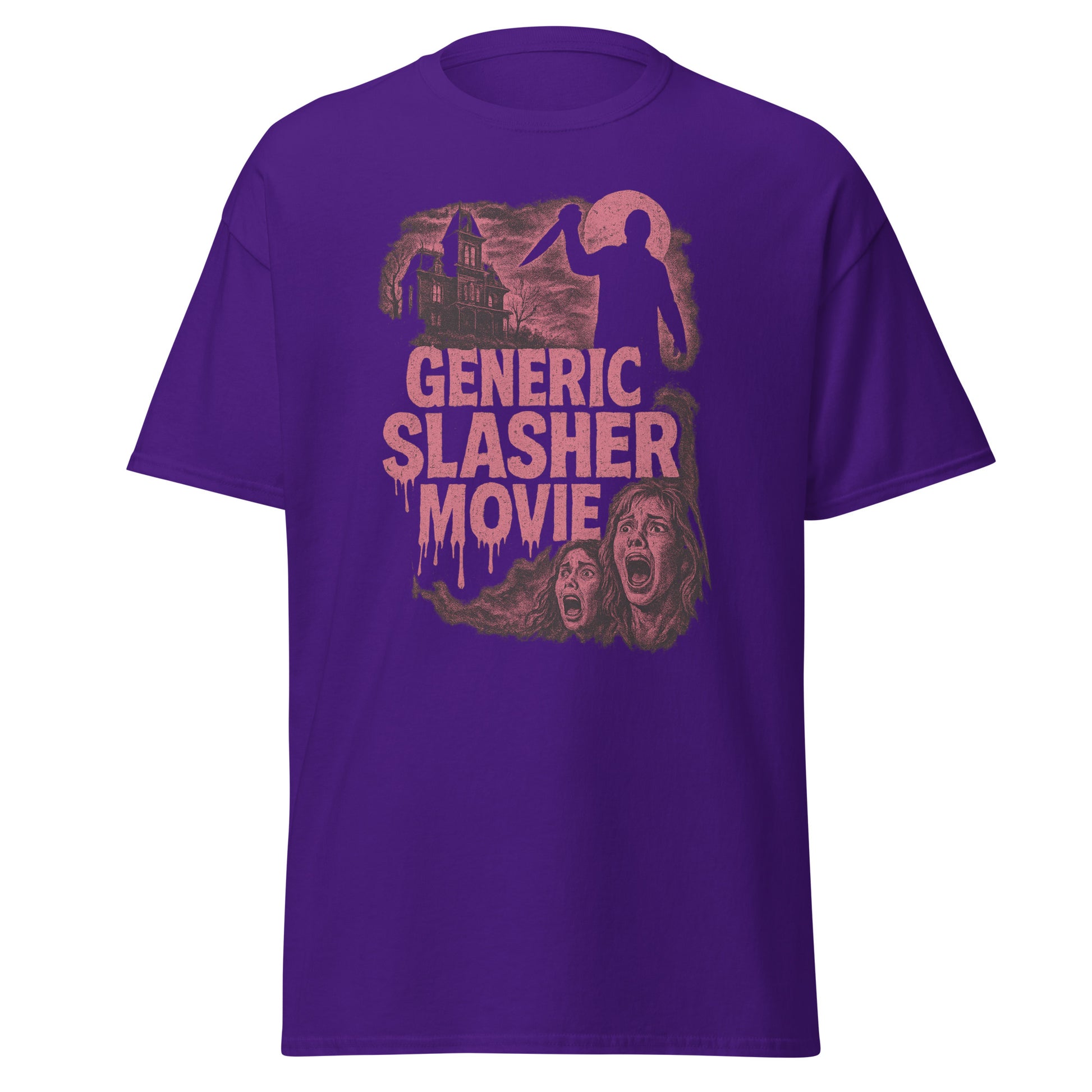 Purple t-shirt with 'Generic Slasher Movie' graphic design on a white background