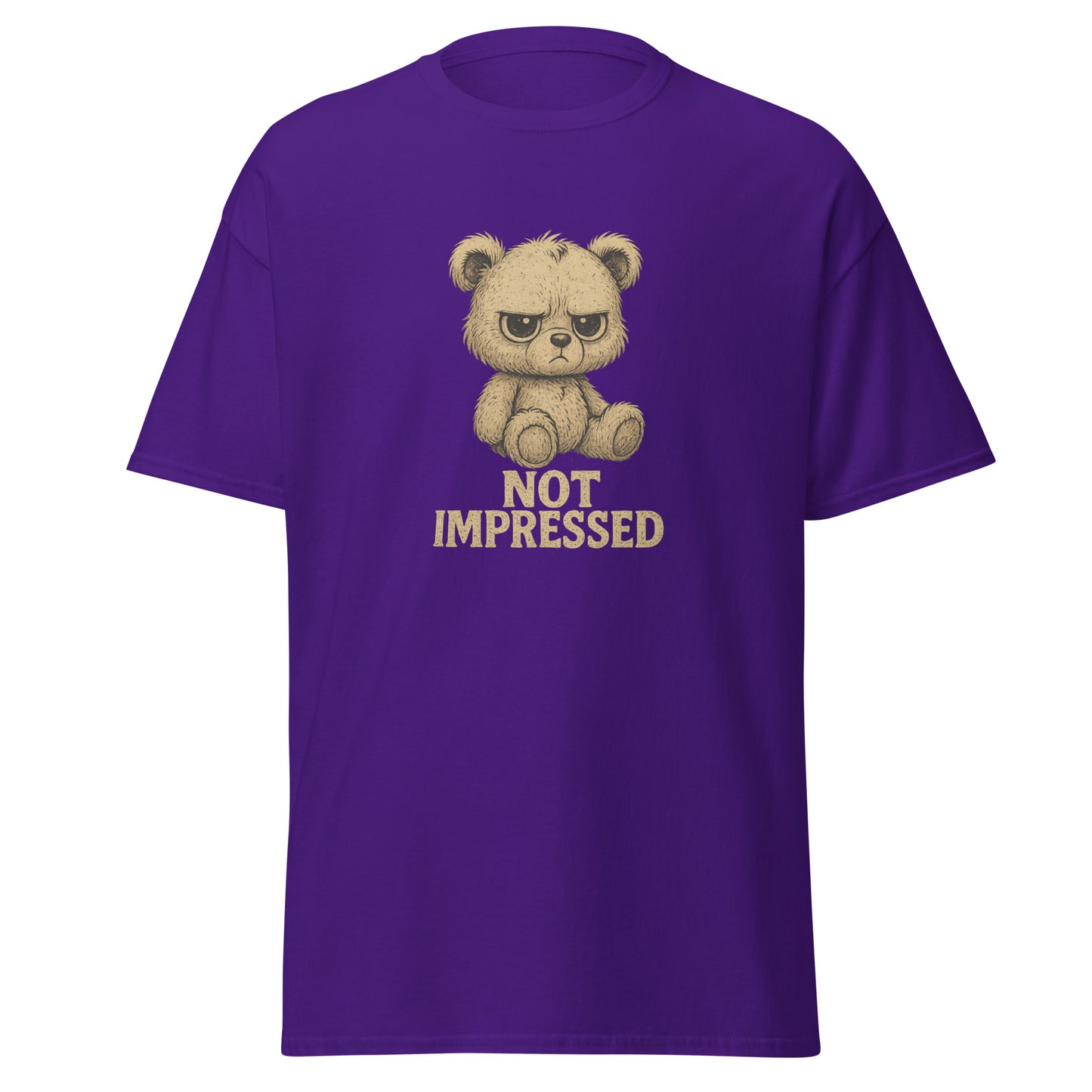 Purple t-shirt with a bear graphic and 'Not Impressed' text on a white background