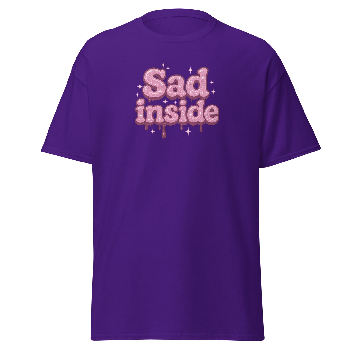 Purple t-shirt with 'Sad inside' text on a white background