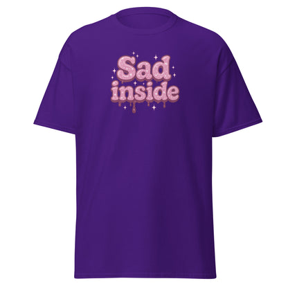 Purple t-shirt with 'Sad inside' text on a white background