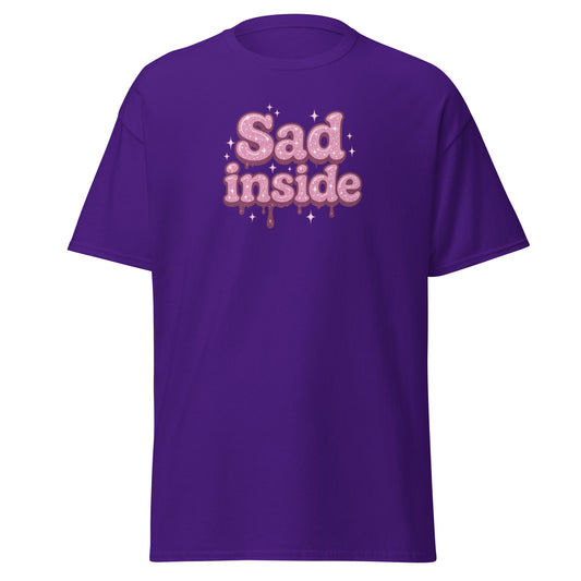 Purple t-shirt with 'Sad inside' text on a white background