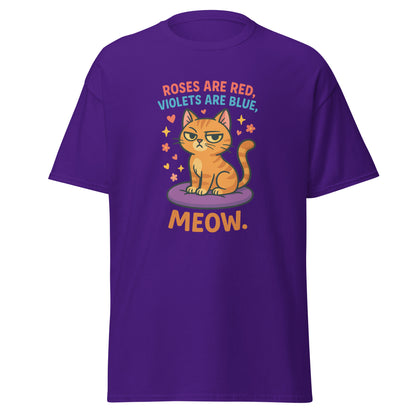 Purple t-shirt with a cat graphic and text on a white background