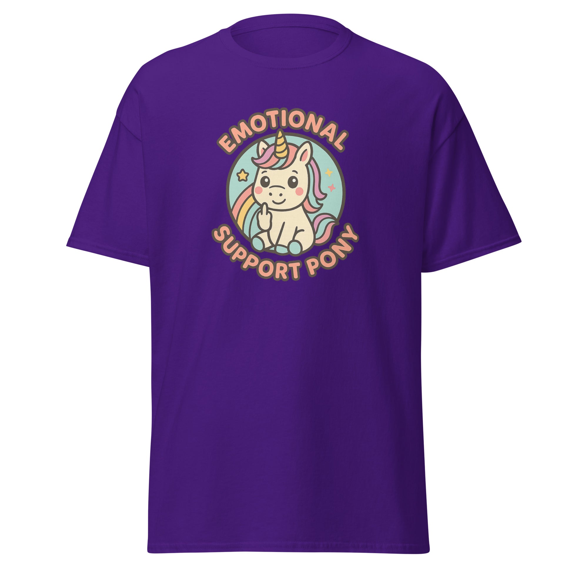 Purple shirt showing a cute pony/unicorn hugging a heart with the words ‘Emotional support pony’