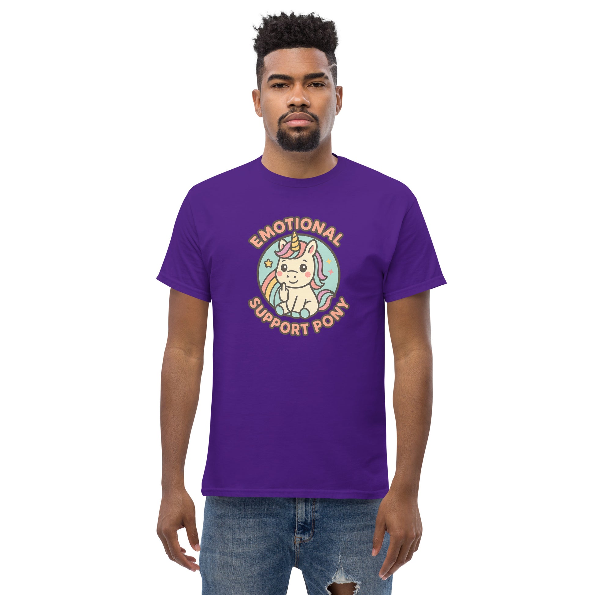 Man wearing a purple t-shirt with a colorful graphic and text on a white background
