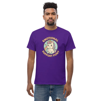 Man wearing a purple t-shirt with a colorful graphic and text on a white background
