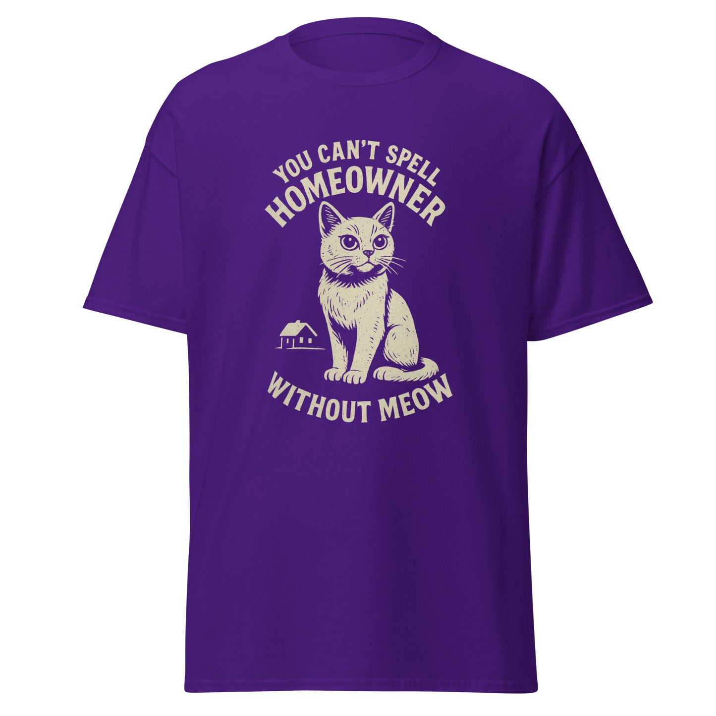 Purple t-shirt with a cat graphic and text on a white background