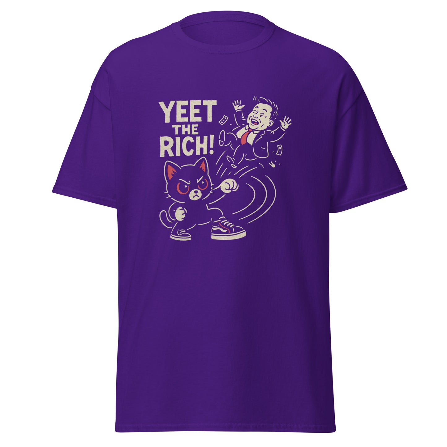 Purple t-shirt with graphic design and text 'YEET THE RICH!' on a white background