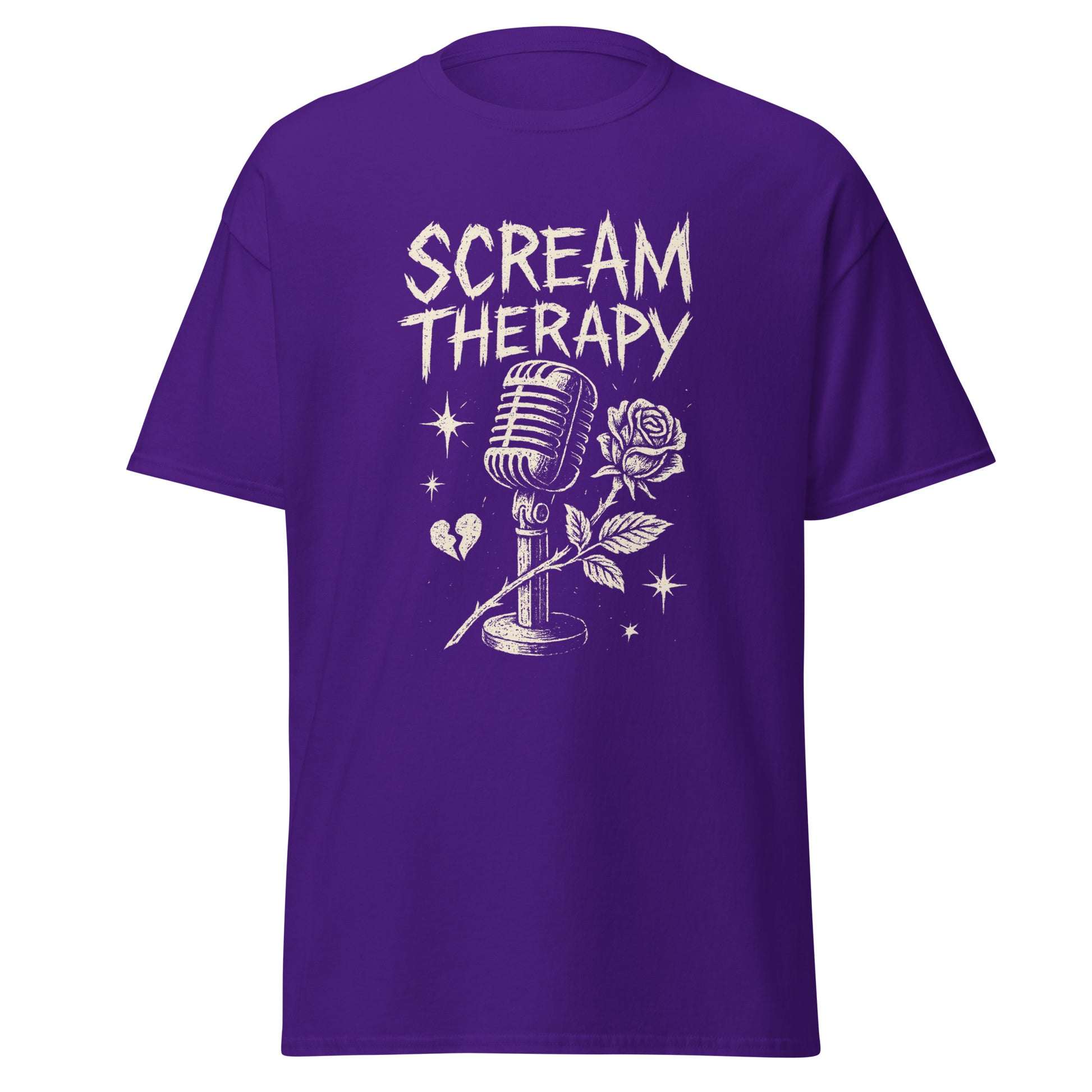 Purple t-shirt with 'Scream Therapy' design featuring a microphone and rose on a white background