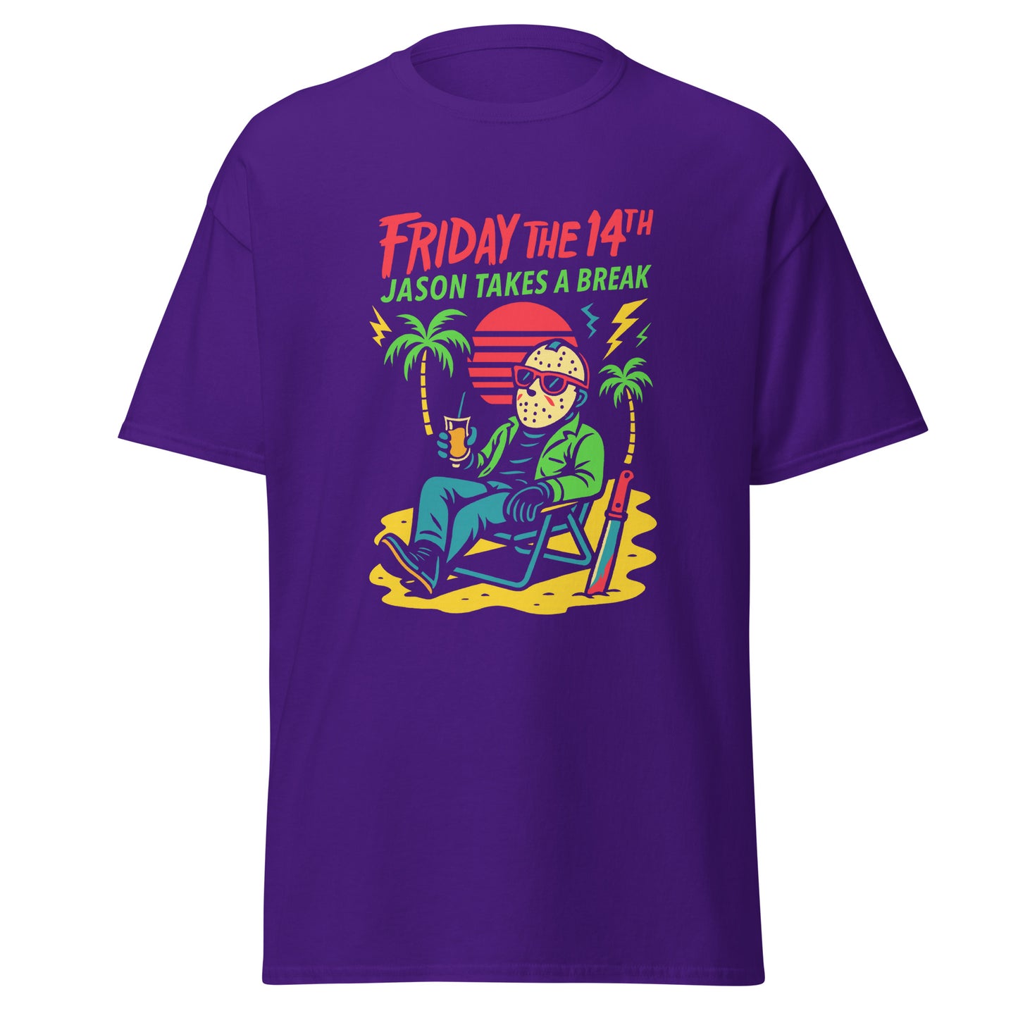 Purple t-shirt with a graphic design featuring a character in a green jacket and sunglasses, holding a drink, with palm trees and 'Friday the 14th Jason Takes a Break' text on a white background.