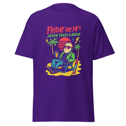 Purple t-shirt with a graphic design featuring a character in a green jacket and sunglasses, holding a drink, with palm trees and 'Friday the 14th Jason Takes a Break' text on a white background.