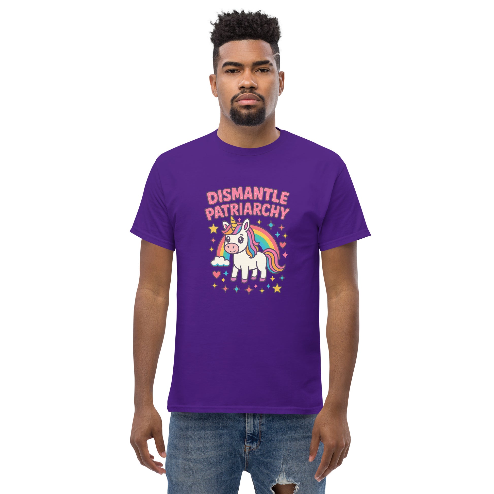 Man wearing a purple t-shirt with a unicorn graphic and text on a white background