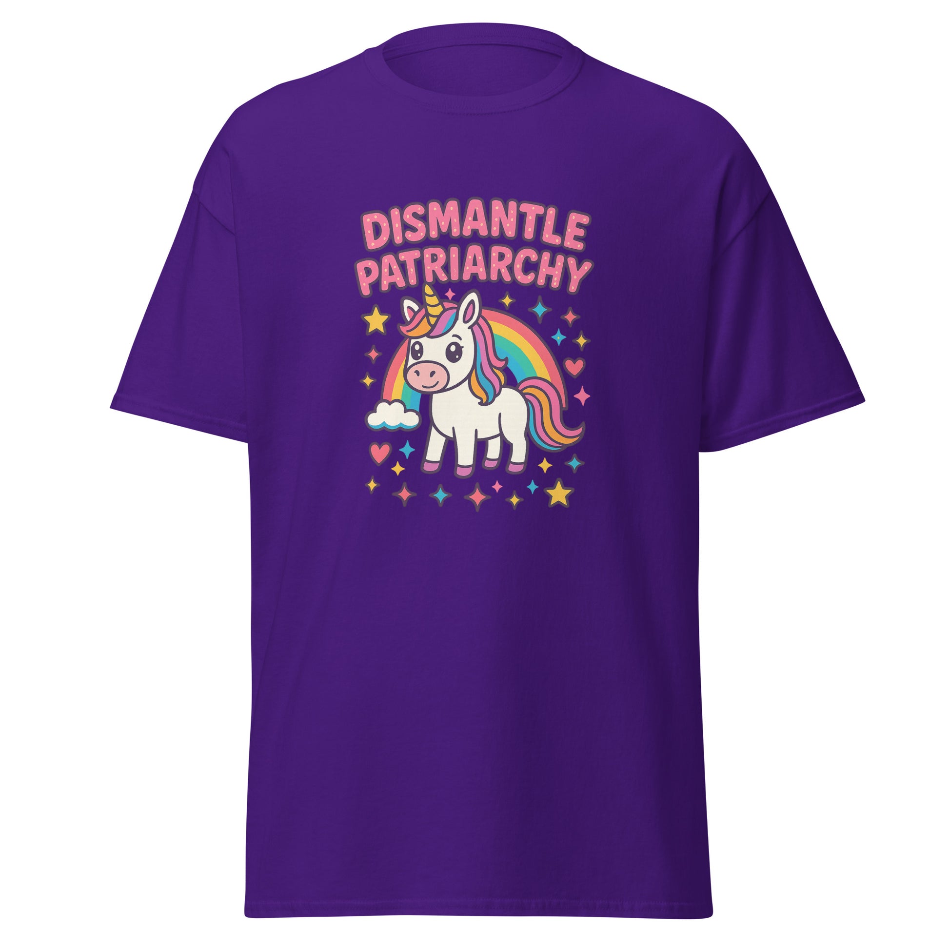Purple t-shirt with a unicorn graphic and 'Dismantle Patriarchy' text on a white background