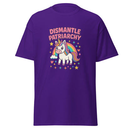 Purple t-shirt with a unicorn graphic and 'Dismantle Patriarchy' text on a white background