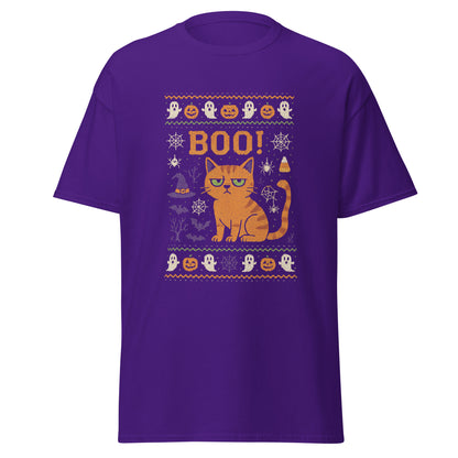 Purple t-shirt with Halloween-themed design featuring a cat and 'BOO!' text on a white background.