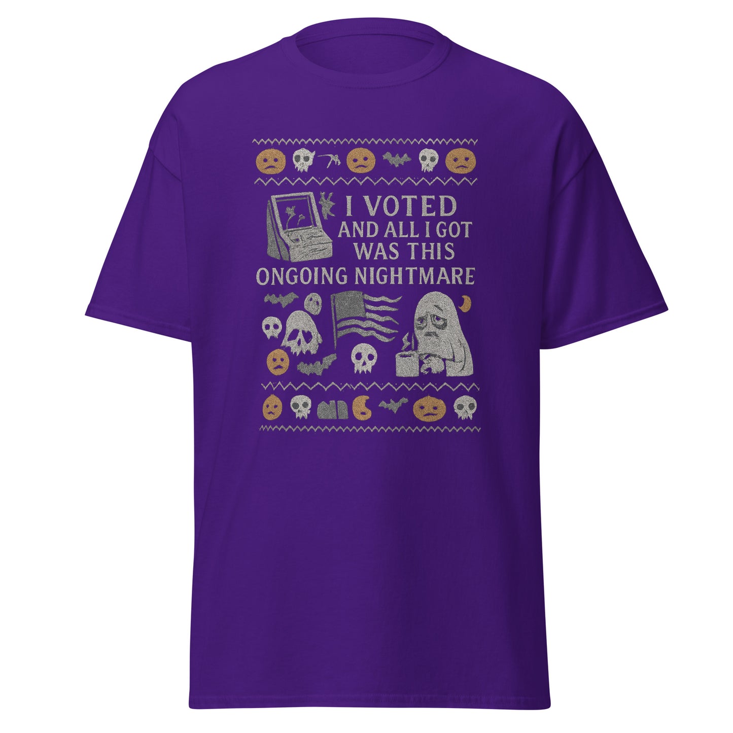 Purple t-shirt with graphic design and text on a white background