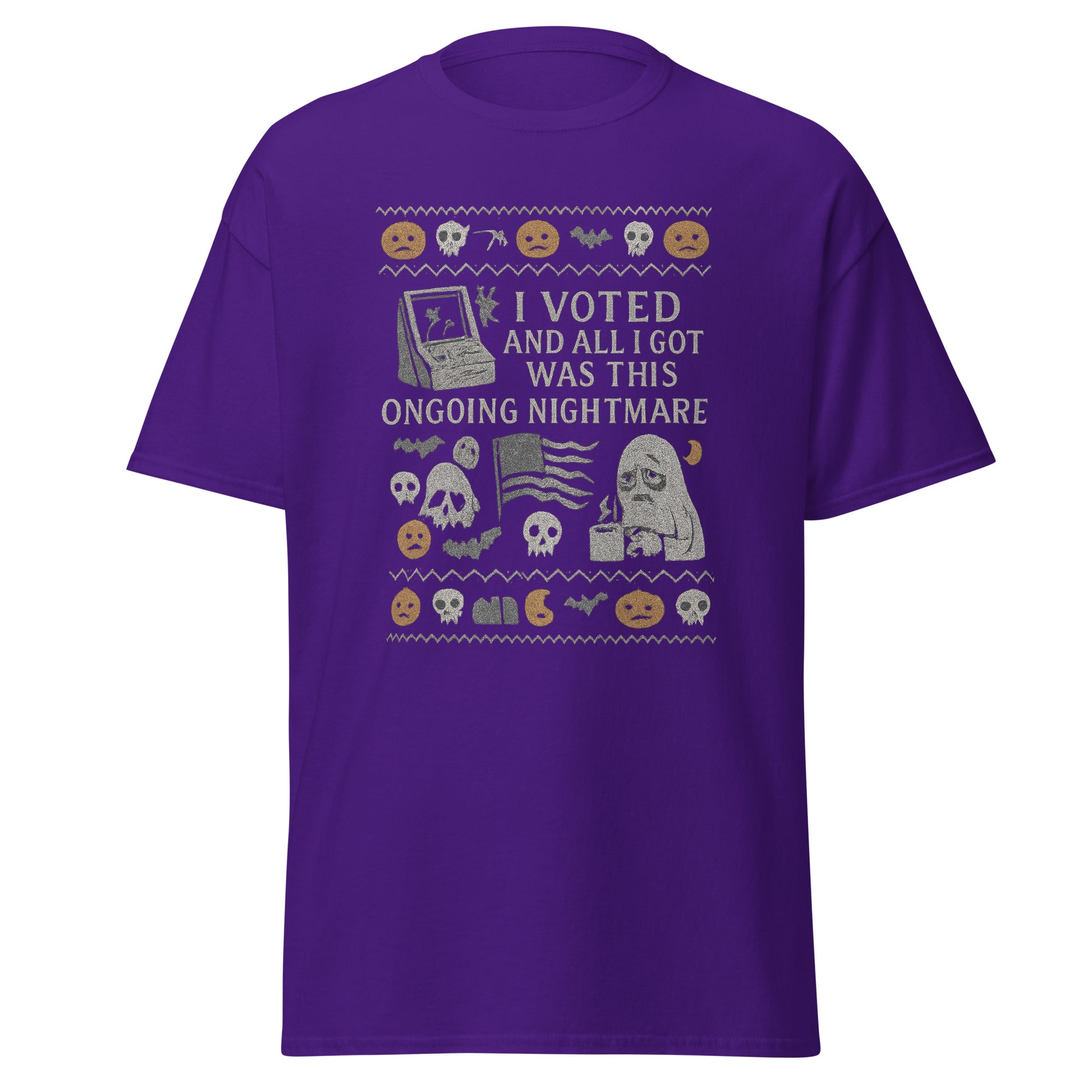 Purple t-shirt with graphic design and text on a white background