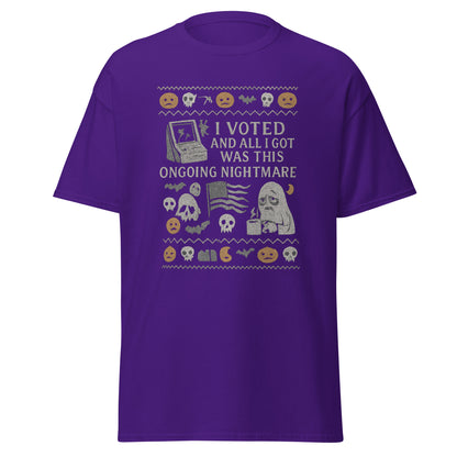 Purple t-shirt with graphic design and text on a white background