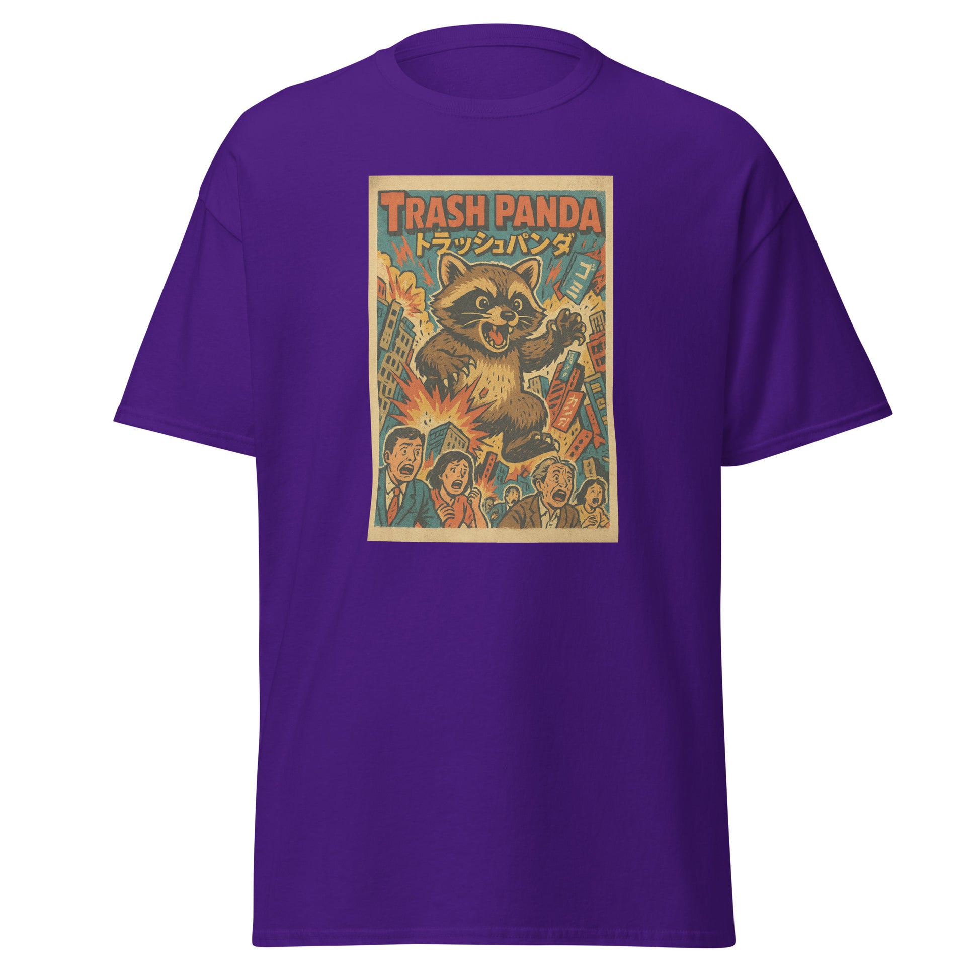 Purple t-shirt with 'Trash Panda' graphic design on a white background