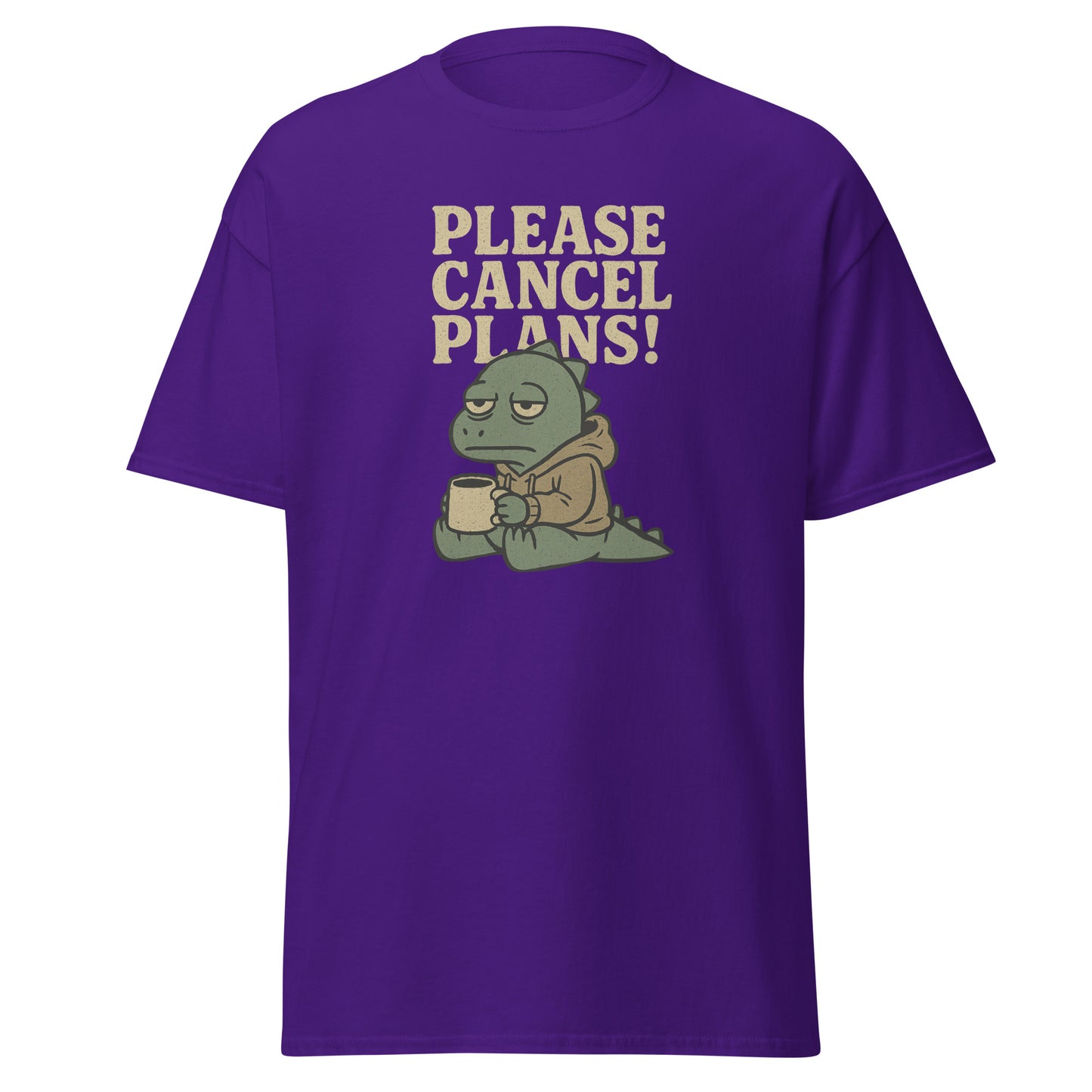 Purple t-shirt with a cartoon character and 'Please Cancel Plans!' text on a white background