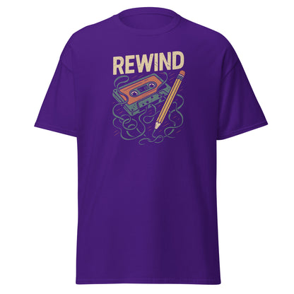 Purple t-shirt with 'REWIND' graphic design featuring a pencil and cassette tape on a white background