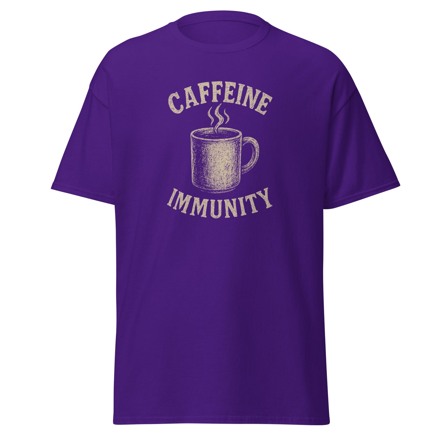 Purple t-shirt with a graphic of a coffee cup and text 'CAFFEINE IMMUNITY' on a white background