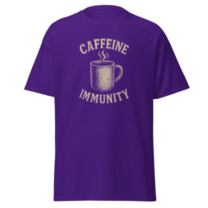 Purple t-shirt with a graphic of a coffee cup and text 'CAFFEINE IMMUNITY' on a white background