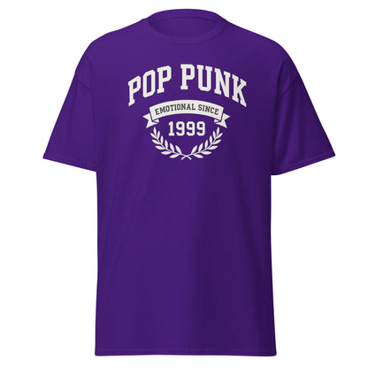 Purple t-shirt with 'Pop Punk Emotional Since 1999' text on a white background