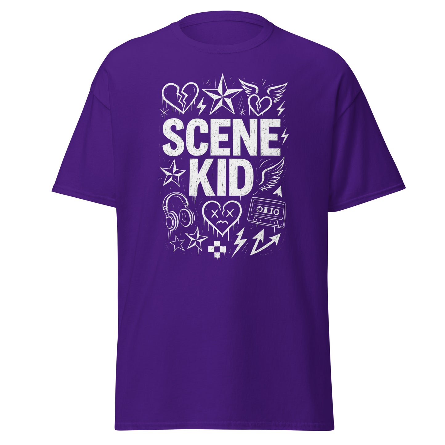 Purple t-shirt with 'SCENE KID' text and graphics on a white background