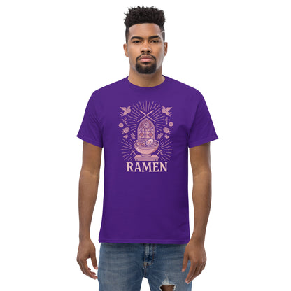 Man wearing a purple t-shirt with 'Ramen' design on a white background