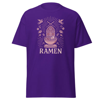 Purple t-shirt with a graphic of a bowl of ramen and the word 'RAMEN' on a white background