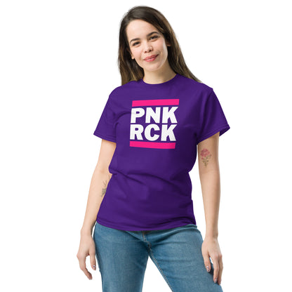 Person wearing a purple t-shirt with 'PNK RCK' text on a white background