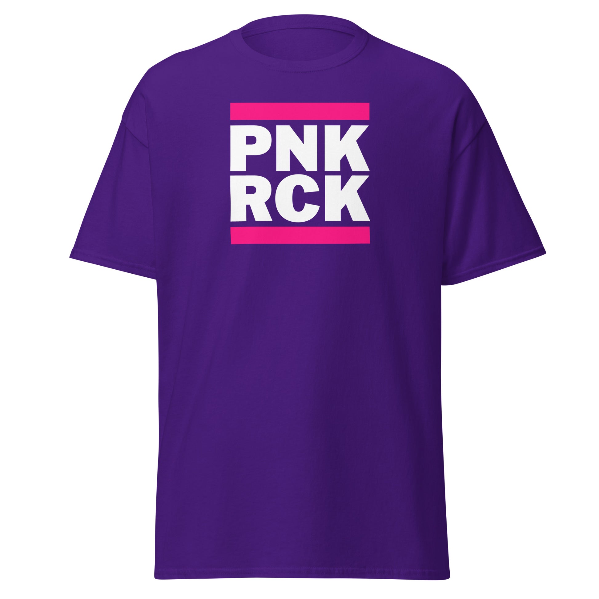 Purple t-shirt with 'PNK RCK' text in white and pink on a white background