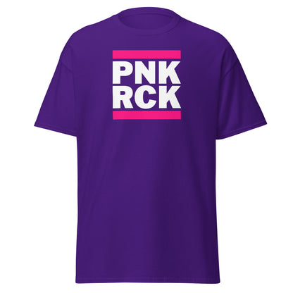 Purple t-shirt with 'PNK RCK' text in white and pink on a white background