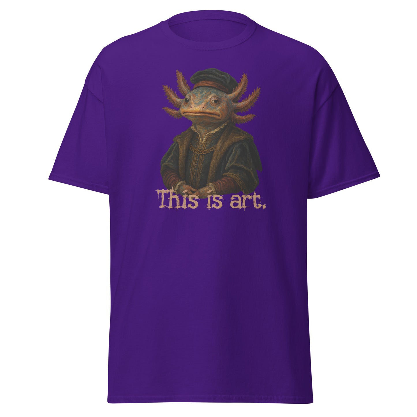 Purple t-shirt with a graphic of a creature and 'This is art.' text on a white background