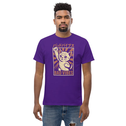 Man wearing a purple t-shirt with a cat graphic and 'Bad Vibes' text on a white background