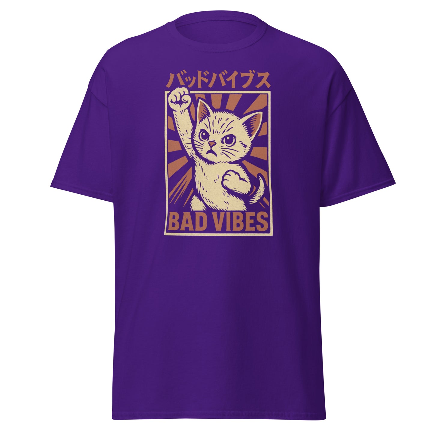 Purple t-shirt with a graphic of a cat and 'Bad Vibes' text on a white background