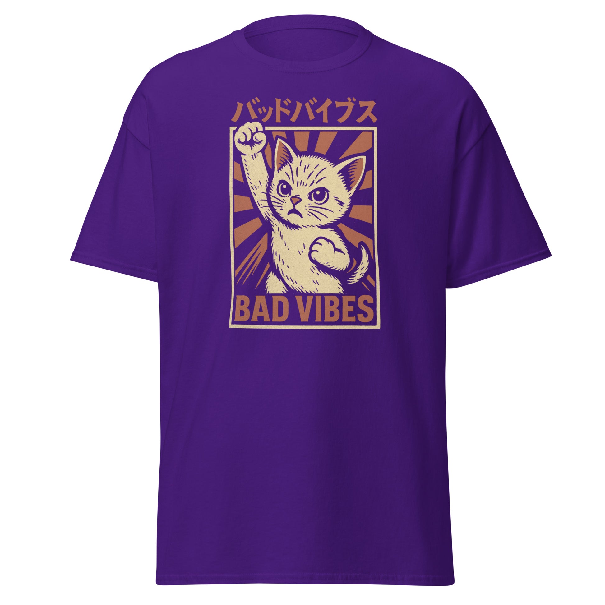 Purple t-shirt with a graphic of a cat and 'Bad Vibes' text on a white background