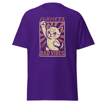 Purple t-shirt with a graphic of a cat and 'Bad Vibes' text on a white background
