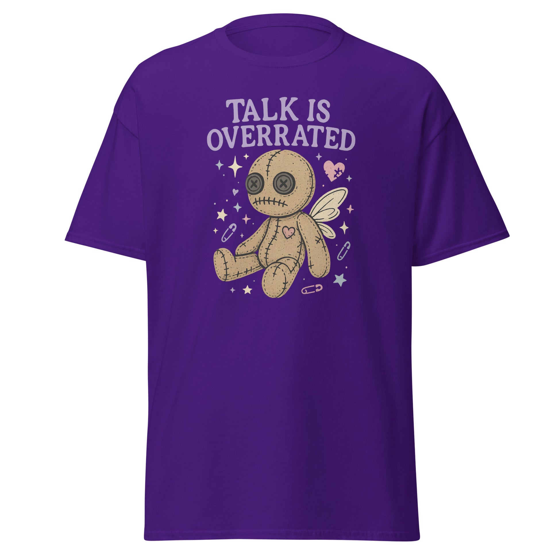 Purple t-shirt with a cartoon voodoo doll and 'Talk is Overrated' text on a white background