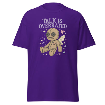 Purple t-shirt with a cartoon voodoo doll and 'Talk is Overrated' text on a white background