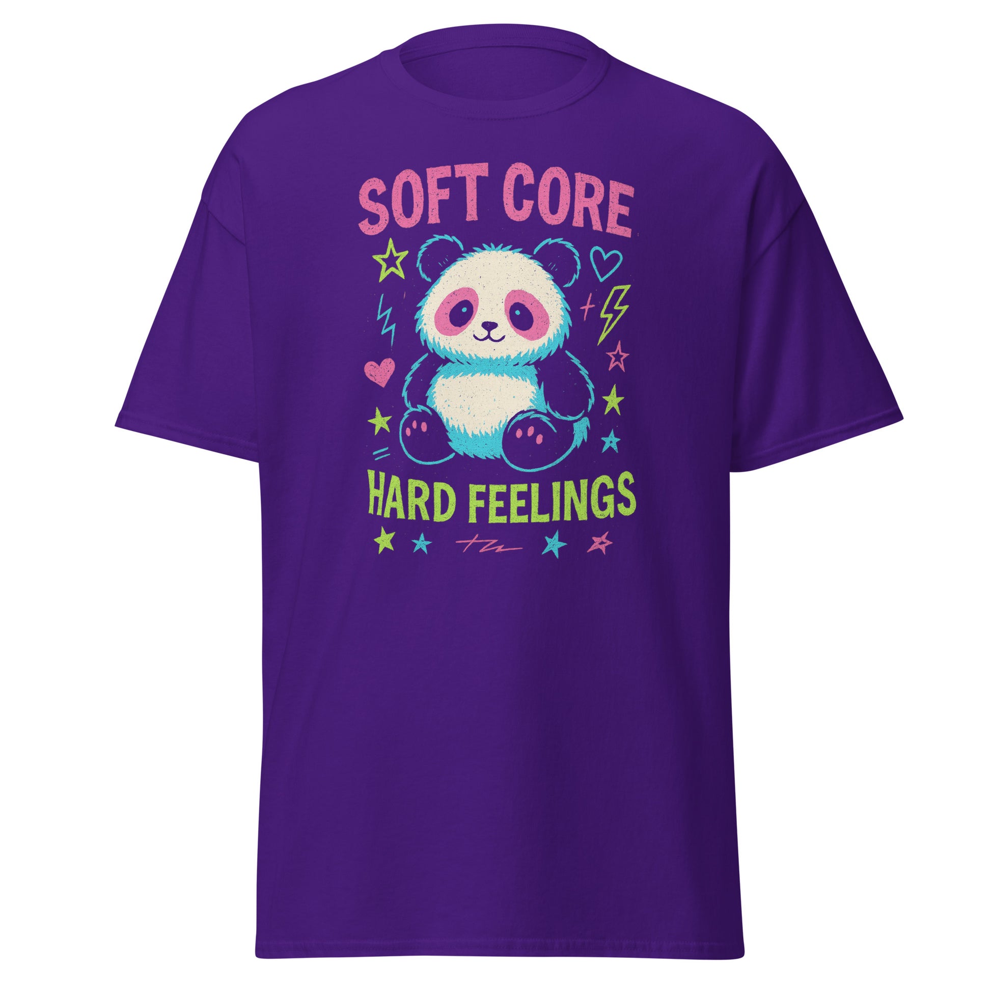 Purple t-shirt with a cartoon panda and text on a white background
