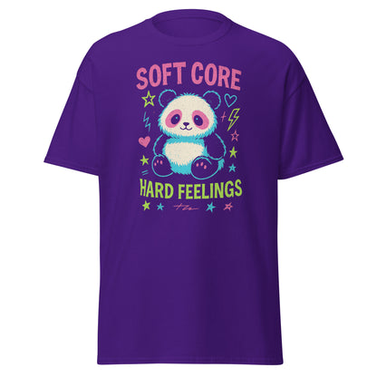 Purple t-shirt with a cartoon panda and text on a white background