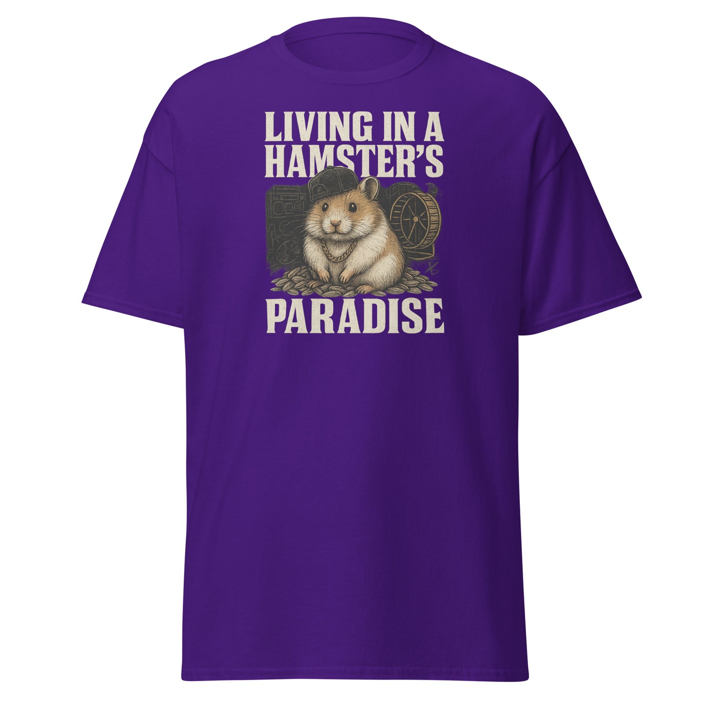 Purple t-shirt with a graphic of a hamster and text 'Living in a Hamster's Paradise' on a white background