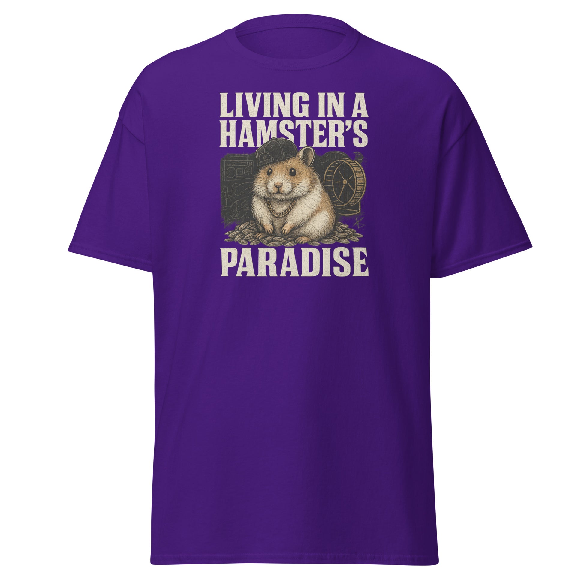 Purple t-shirt with a graphic of a hamster and text 'Living in a Hamster's Paradise' on a white background