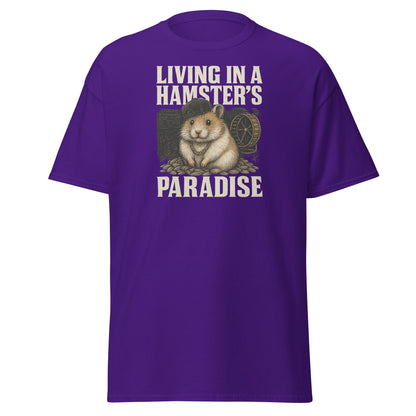 Purple t-shirt with a graphic of a hamster and text 'Living in a Hamster's Paradise' on a white background